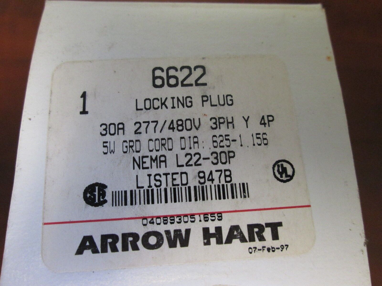 Arrow Hart Plug 6622 30 A 277/480 V 3 Ph 4 Pole 5 Wire New Surplus