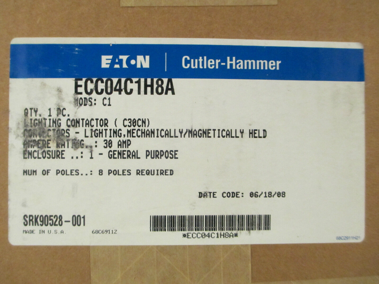 Cutler-Hammer Lighting Contactor ECC04C1H8A, 30A 8P, New Surplus