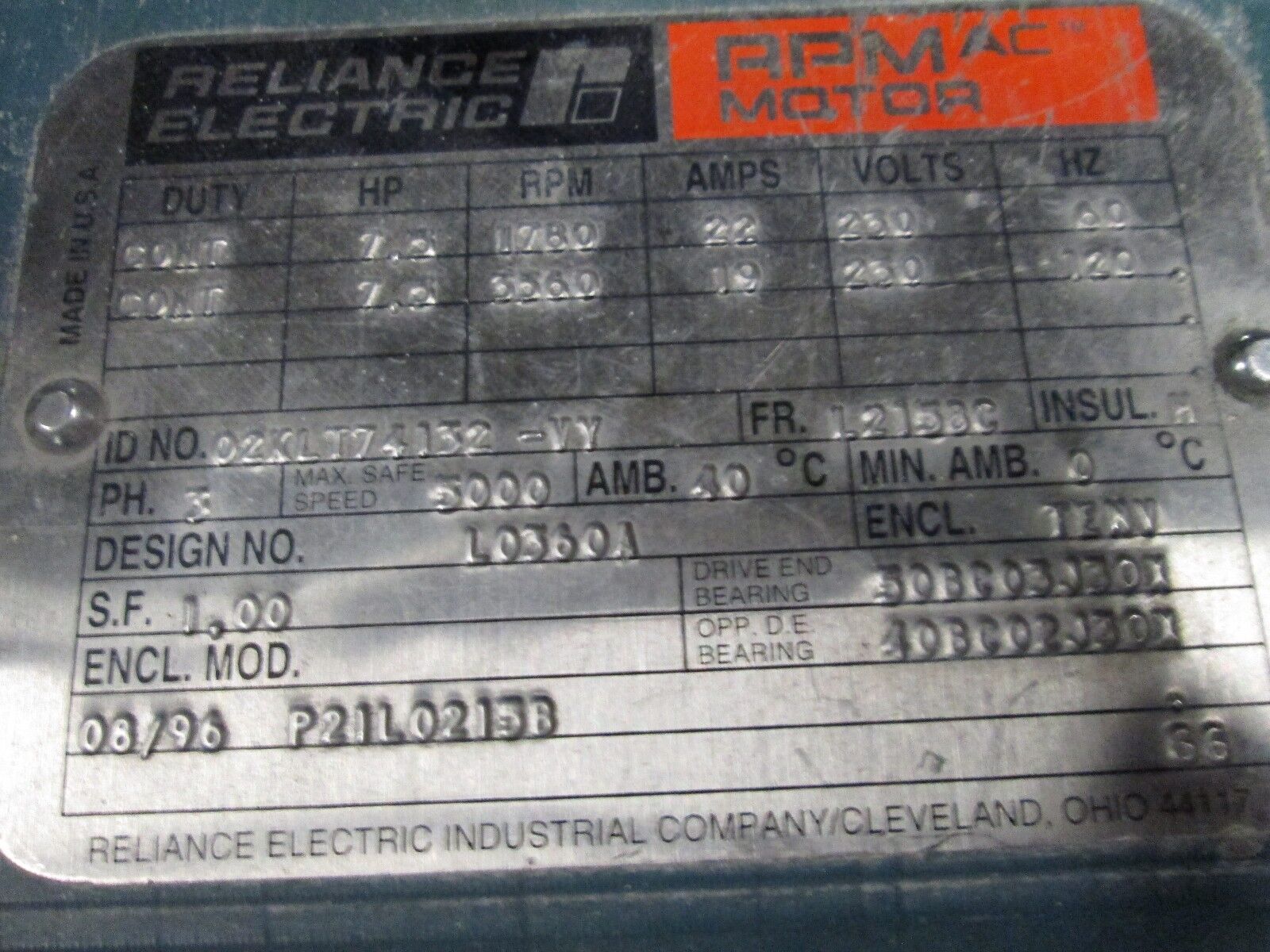 Reliance RPM AC Motor L0360A 7.5 HP Used