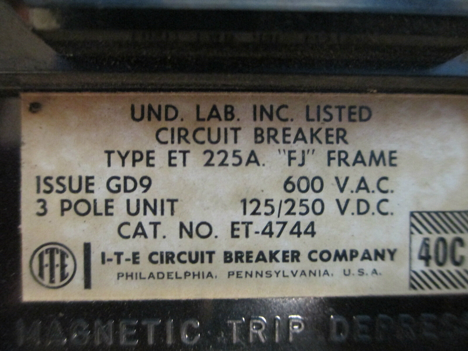 ITE Circuit Breaker ET-4744, 150A 600V 3 Pole FJ Frame