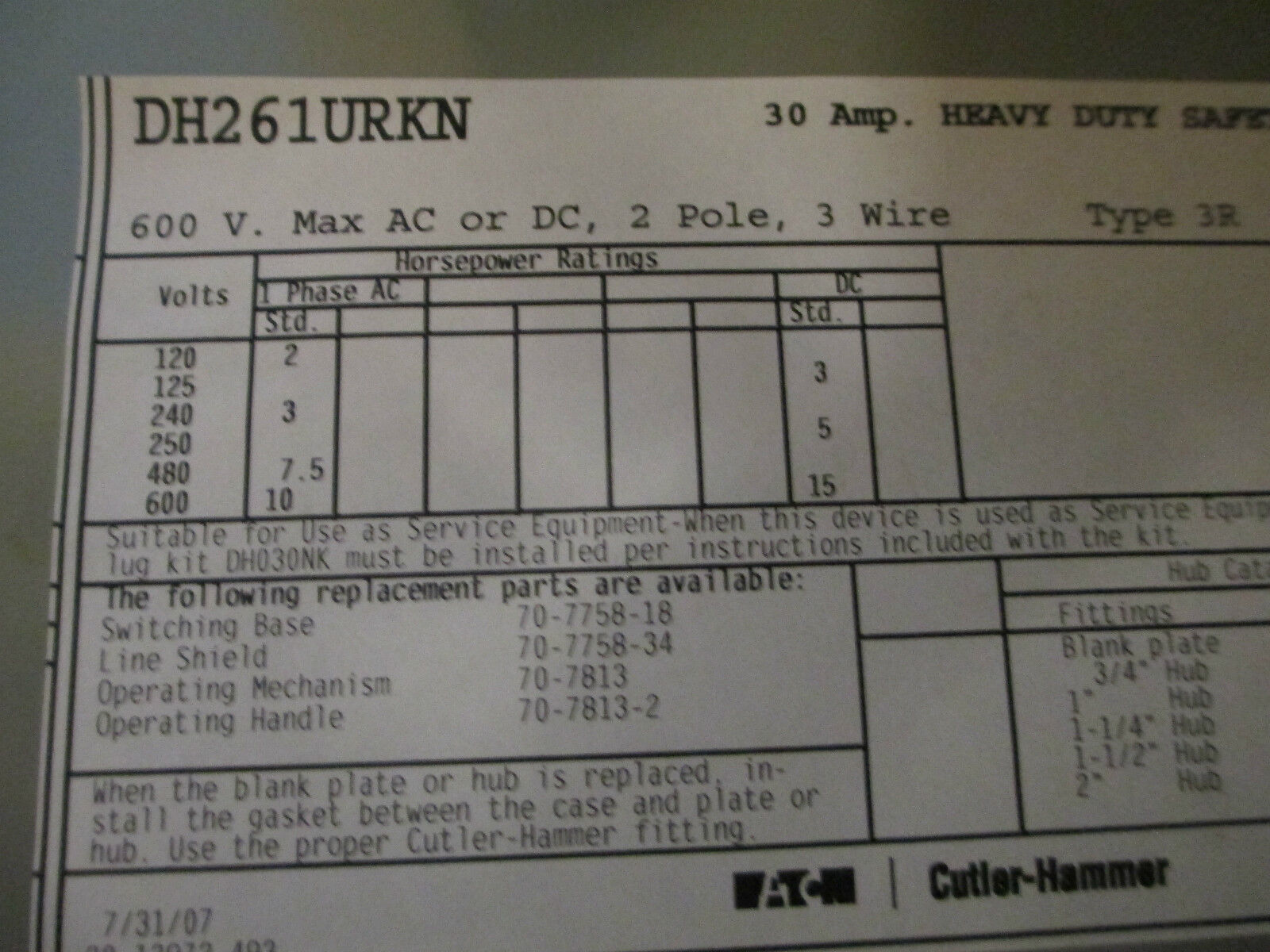 Cutler-Hammer Safety Switch DH261URKN 30A 600V 2P 3W Non-Fusible New Surplus