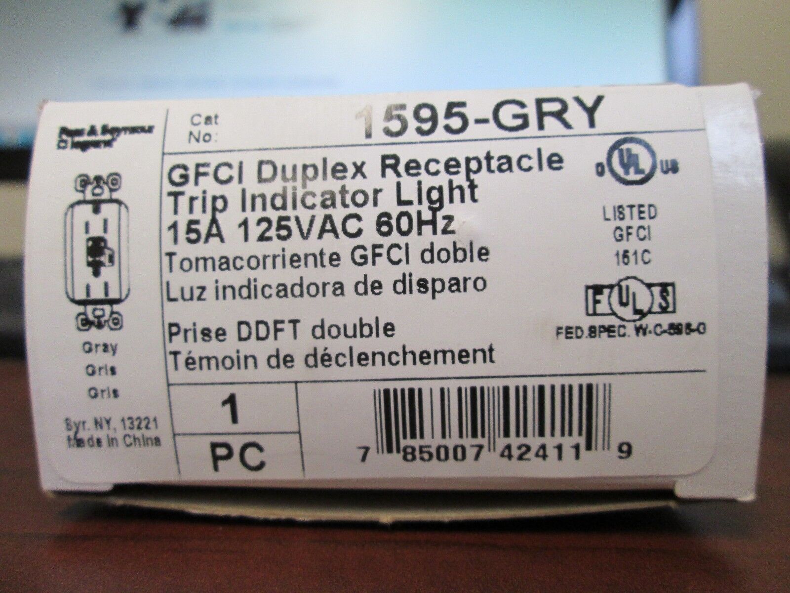 Legrand GFCI Duplex Receptacle, 1595-GRY, 15A 125V, NEW