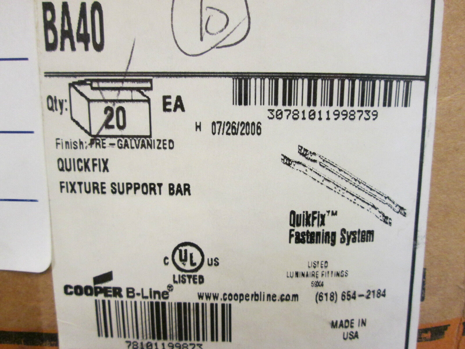 Cooper BA40 Quickfix Fixture Support Bar *Box of 10* New Surplus