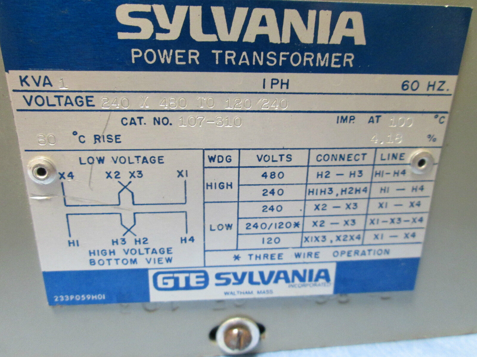 Sylvania Transformer 107-310 1KVA 240/480-120/240V 1Ph Used