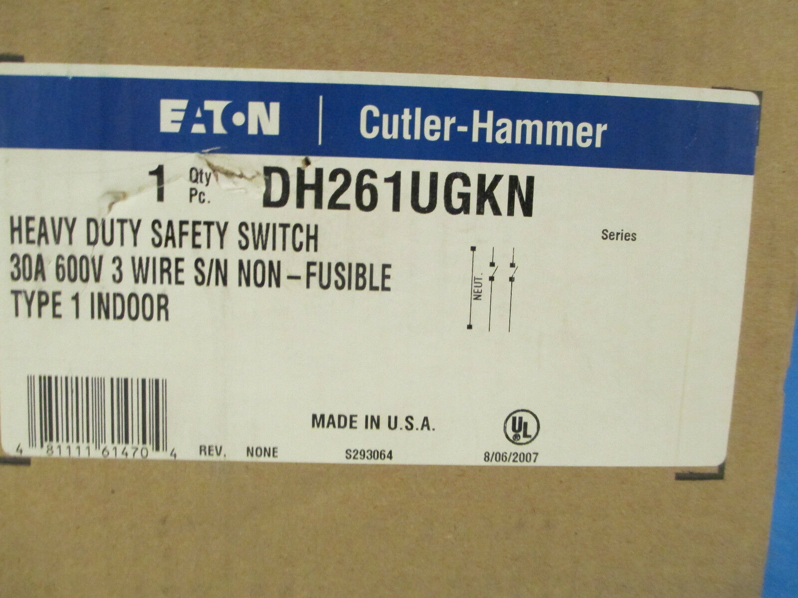 Cutler-Hammer Safety Switch DH261UGKN 30A 600V 2P 3W Non-Fusible New Surplus