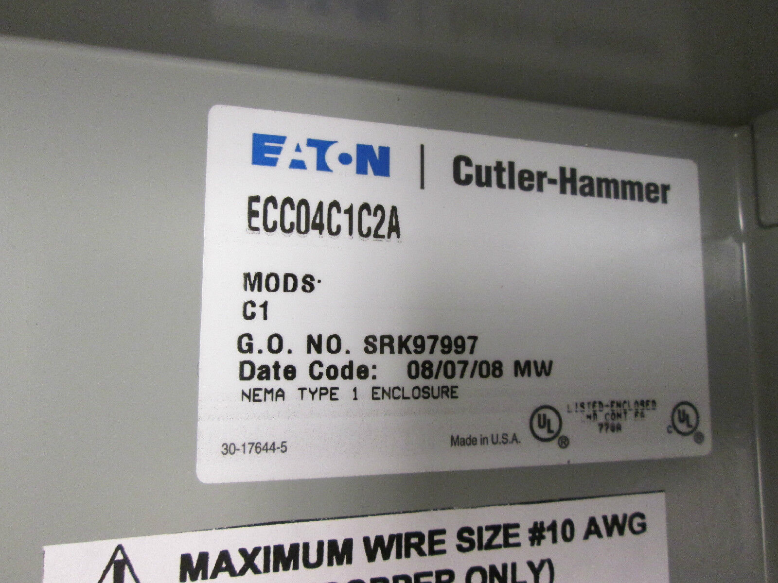 Cutler Hammer/ Eaton Lighting Contactor ECCO4C1C2A 30AMP Used