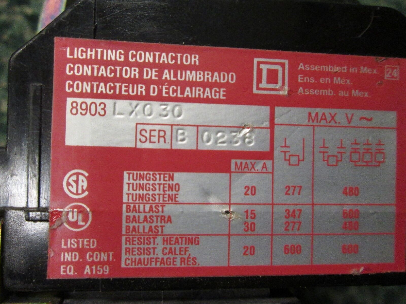 Square D Lighting Contactor 8903LX030 3 Pole 120 V coil 30 A 600 V