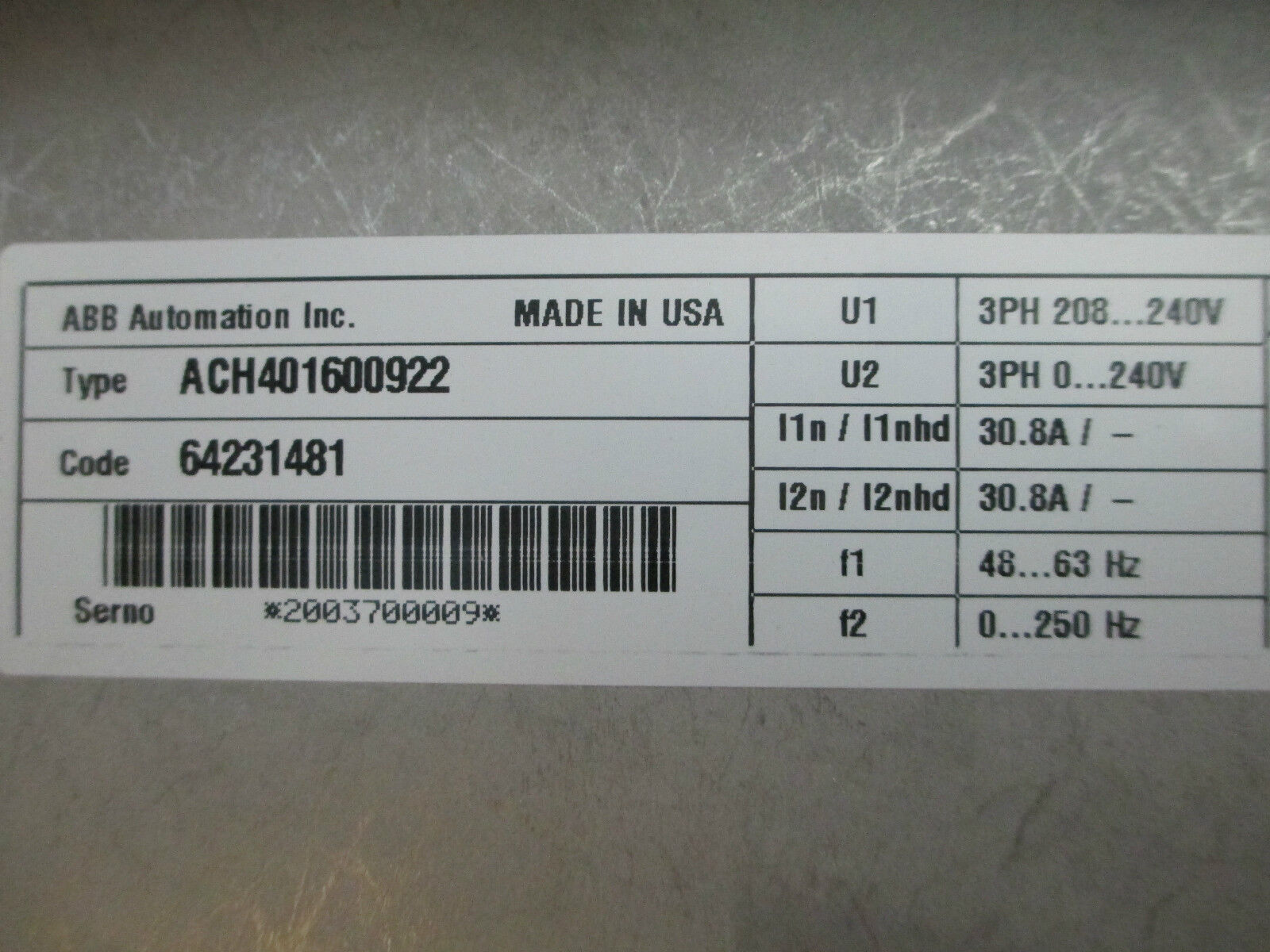 ABB AC Drive With Bypass ACH401600922, 10HP Used