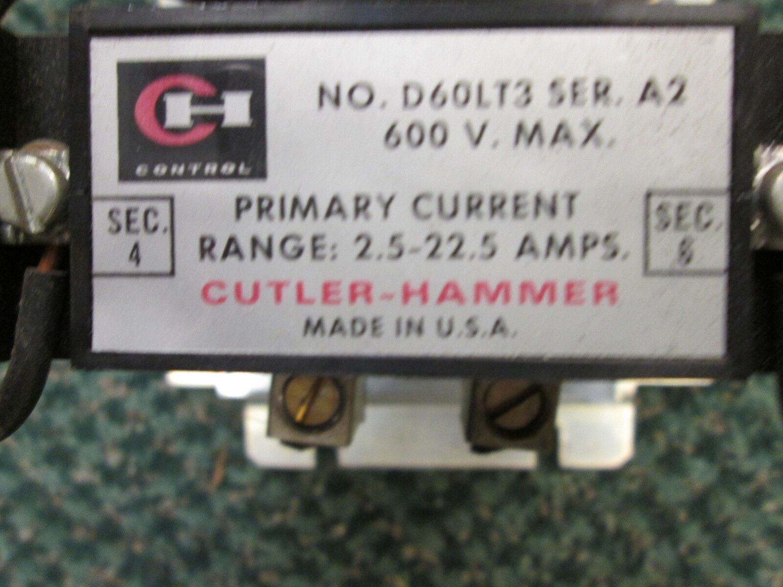 Cuttler-Hammer Current Relay, D60LA0, 2.5-22.5A 600V