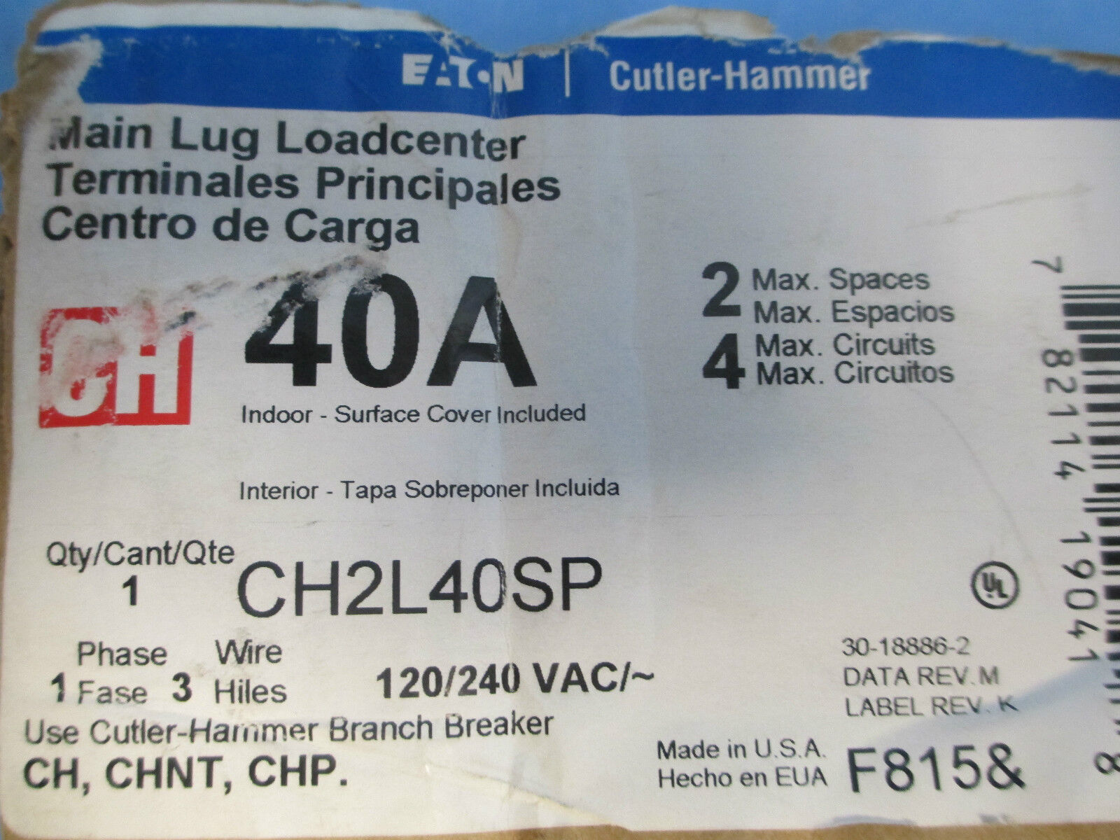 Cutler-Hammer Main Lug Loadcenter CH2L40SP 40A 120V 1Ph 3W New Surplus