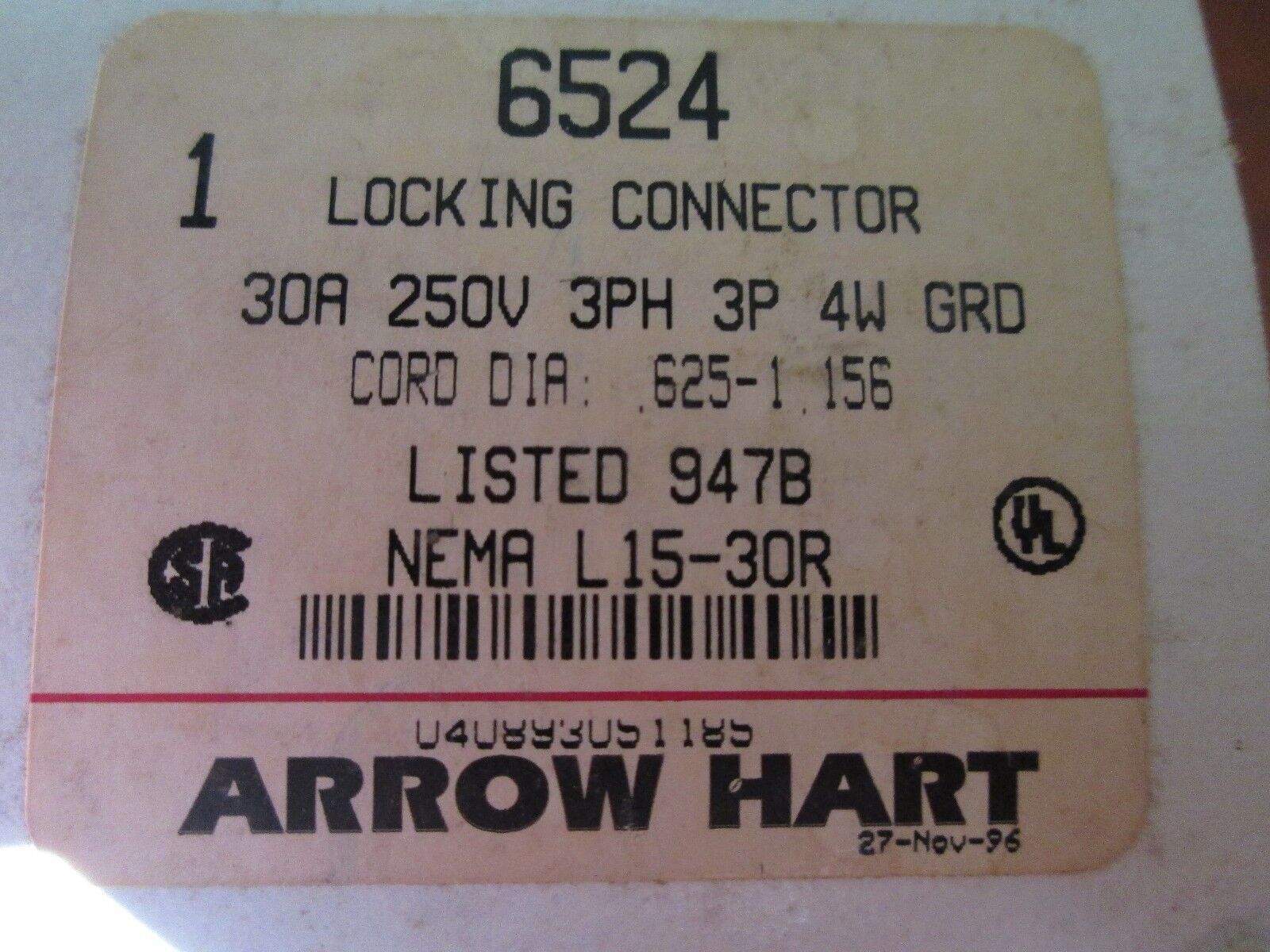 Arrow Hart Receptacle 6524 30 A 250 V 3 Ph 3 Pole 4 Wire