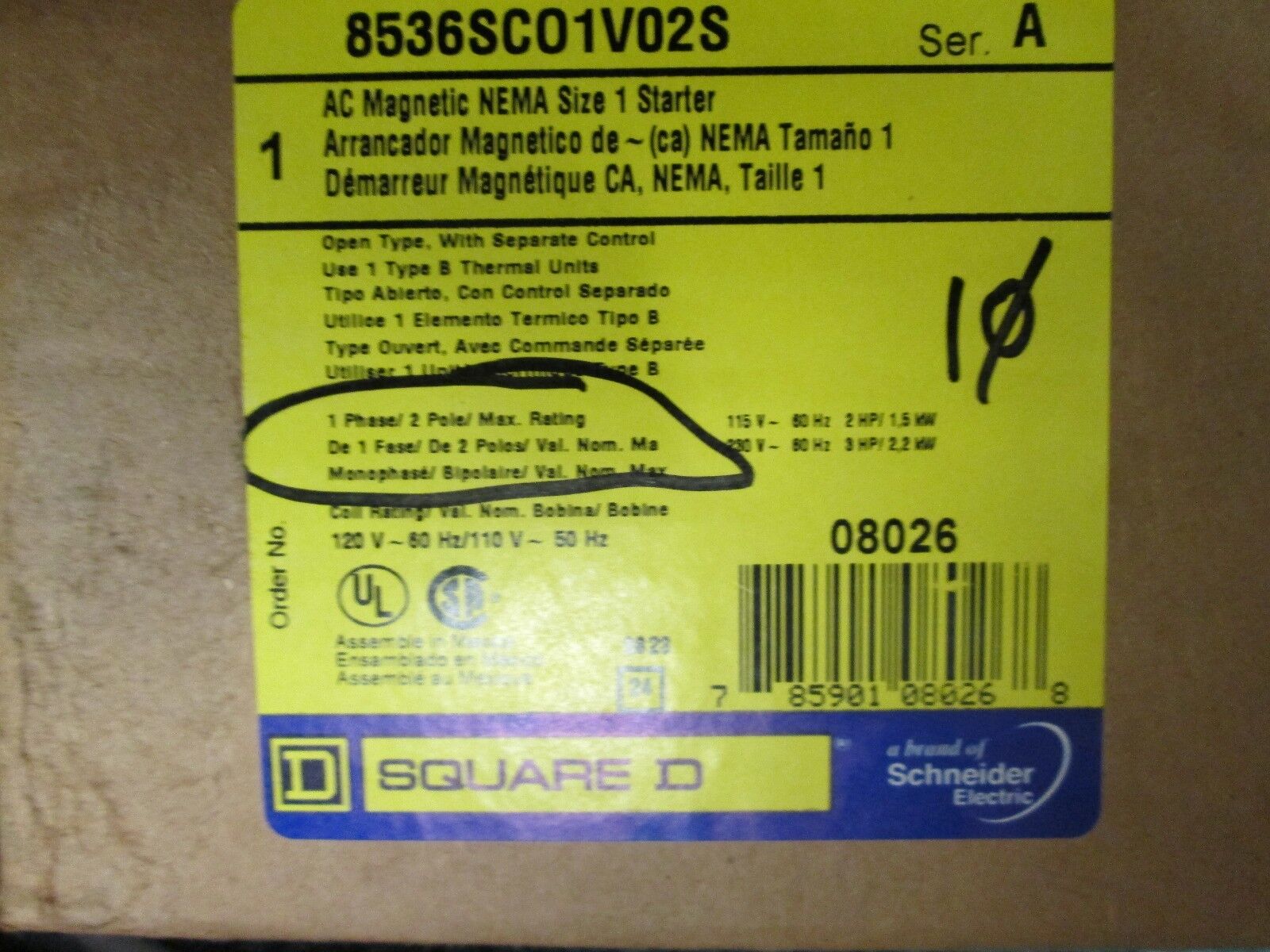 Square D AC Magnetic Starter, NEW IN BOX, 8536SC01V025