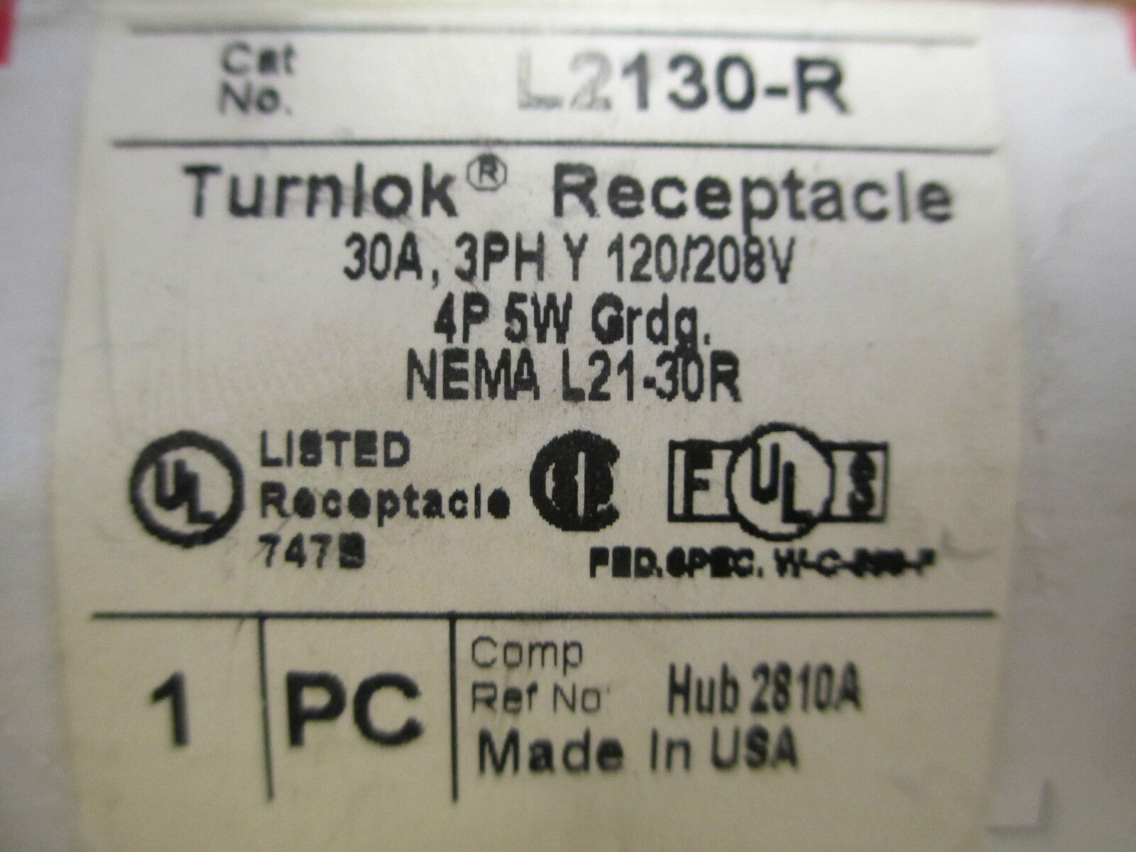 Pass & Seymour Receptacle Plug L2130-R 30A 120/208V New Surplus