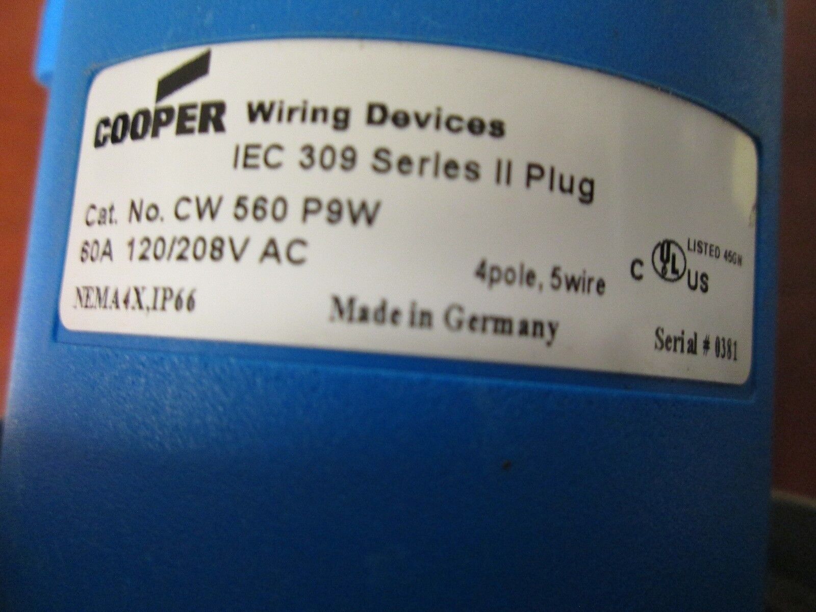 Cooper Plug CW560P9W 60A 120/208VAC 4P 5W Nema 4x Used