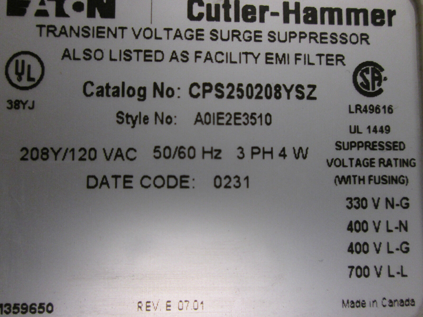 Cutler Hammer Transiend Voltage Surge Surge Suppressor CPS250208YSZ 120V 250KA