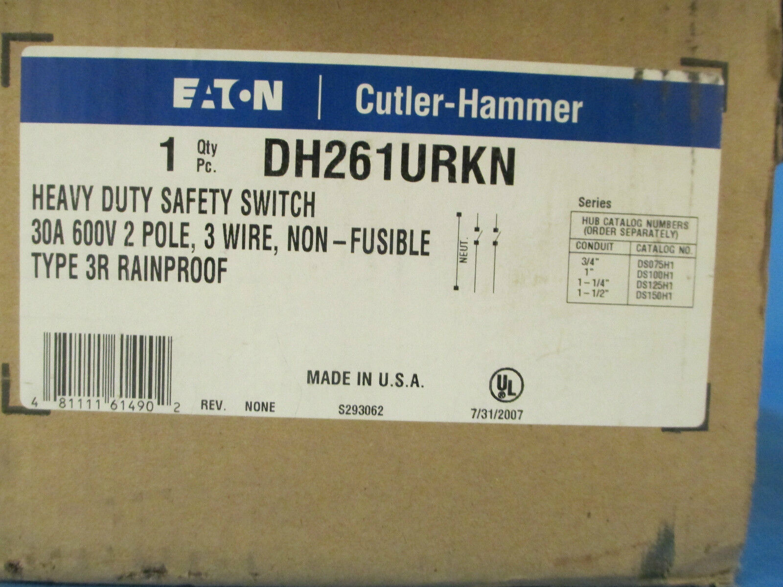 Cutler-Hammer Safety Switch DH261URKN 30A 600V 2P 3W Non-Fusible New Surplus