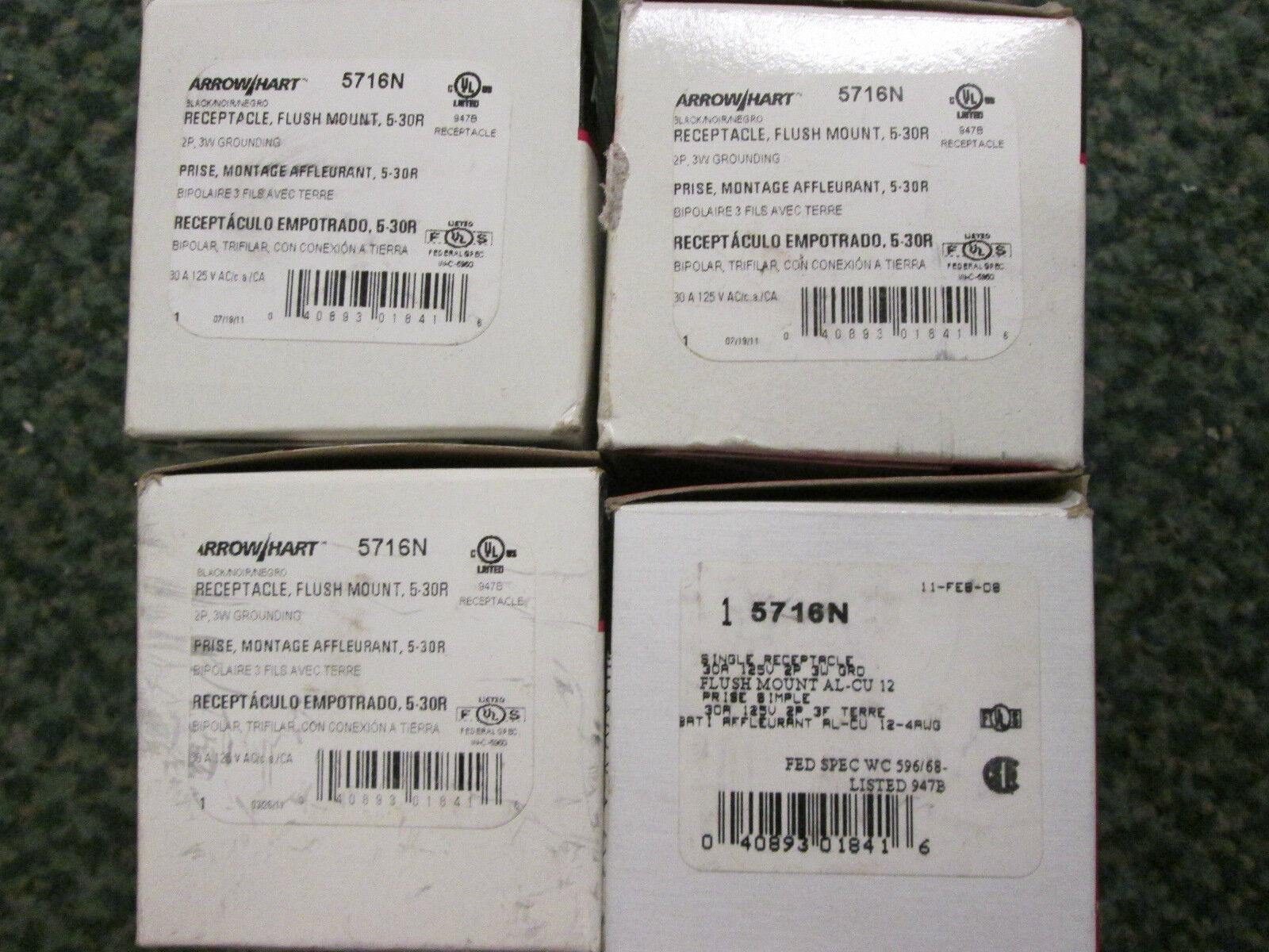 Arrow Hart AH5716N Single Receptacles 30A 125V *New In Box, Set Of 4*