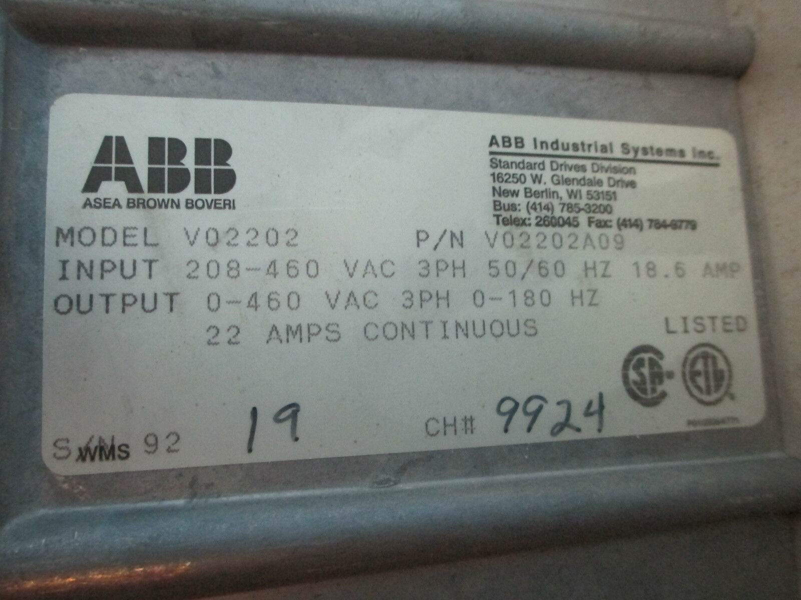 ABB  V022 Motor Drive V02202A09 Used