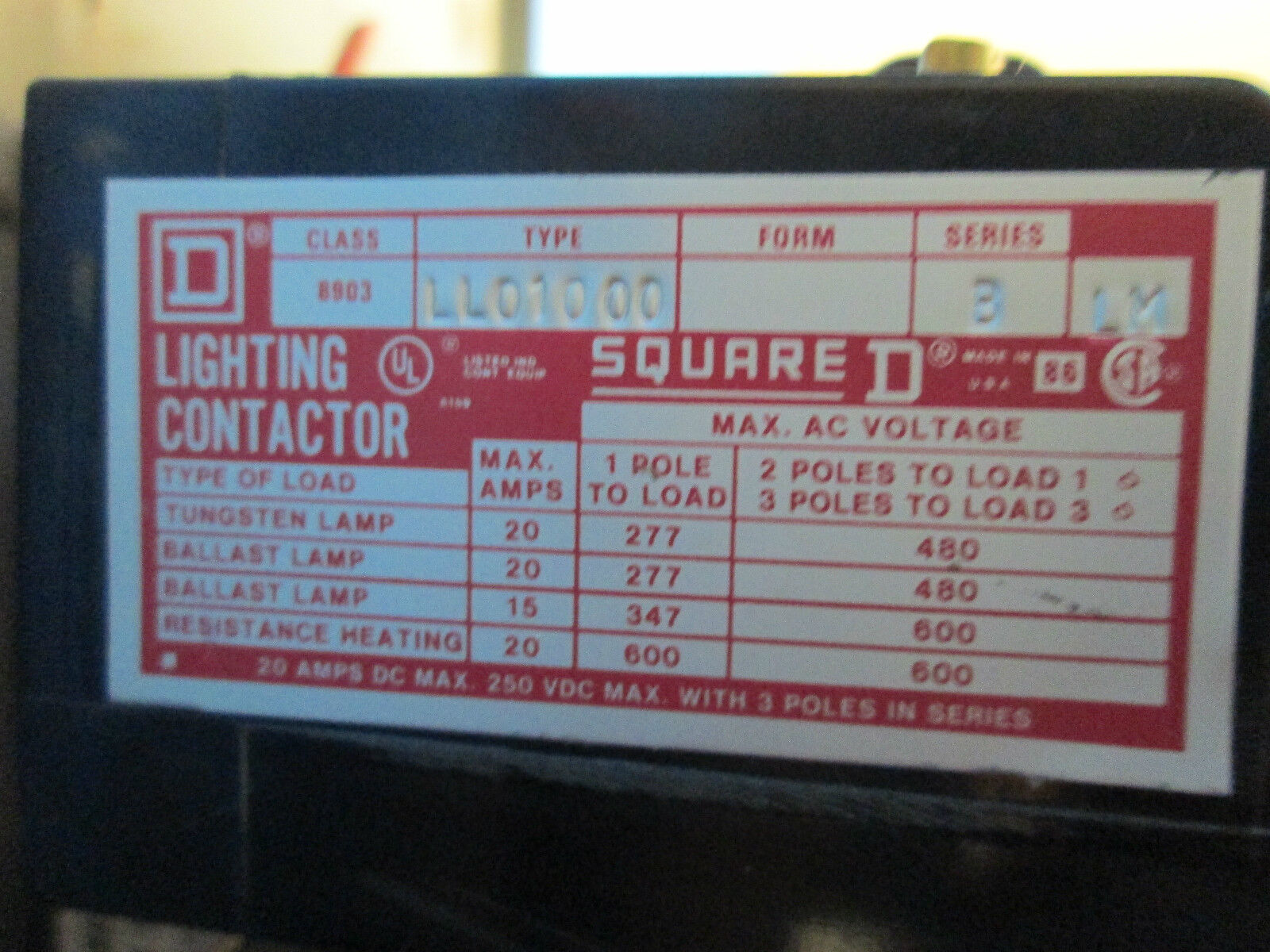 Square D 8903-LL01000 Series B Lighting Contactor