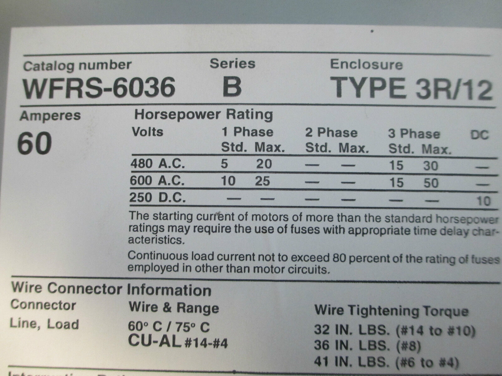 PYLE-National Safety Switch WFRS-6036 60A 600V 3P Nema 3R/12 Fusible Used