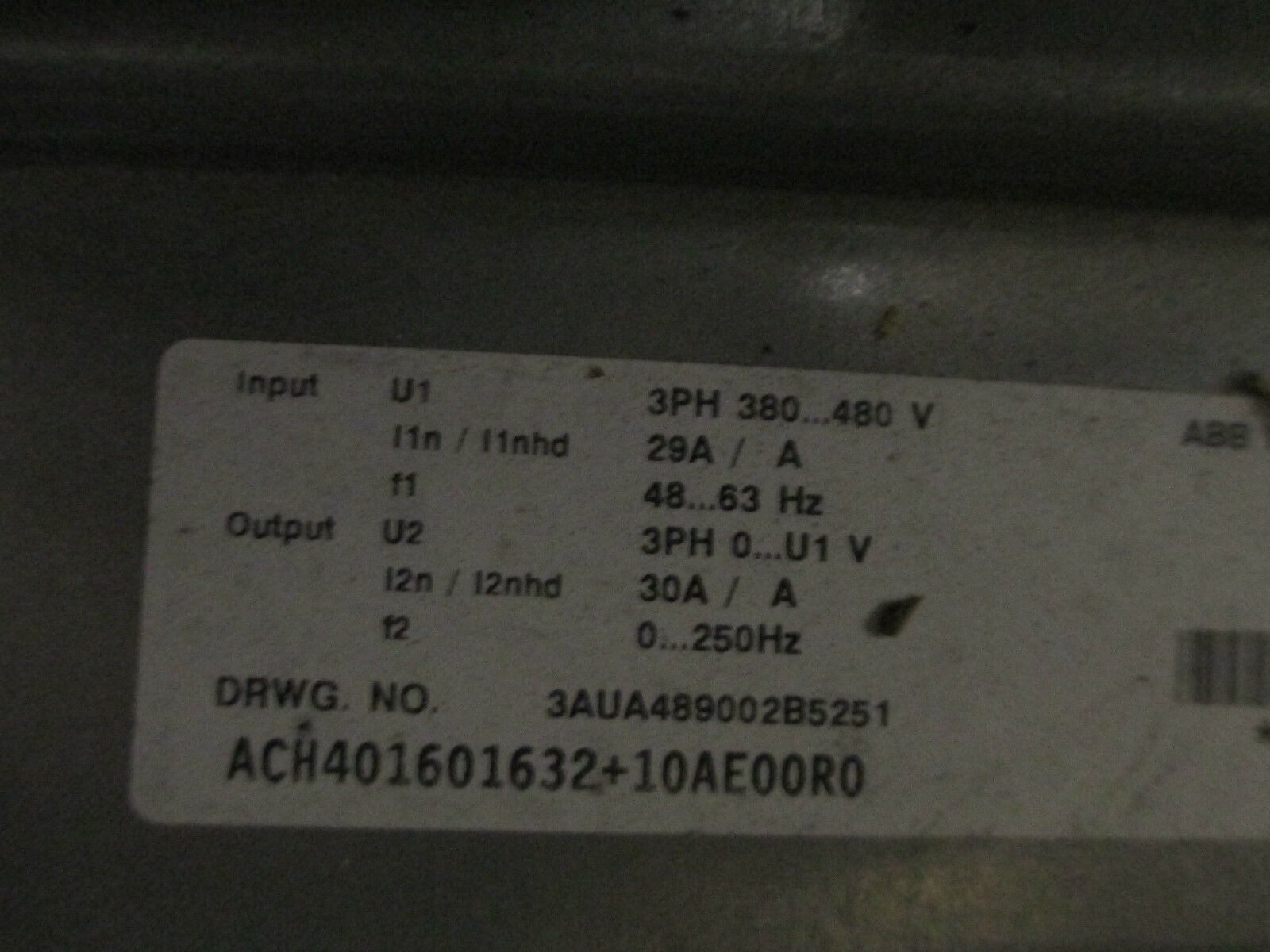 ABB Drive W/ Bypass ACH401601632+10AE00R0 480V 30A 3PH 18HP Used