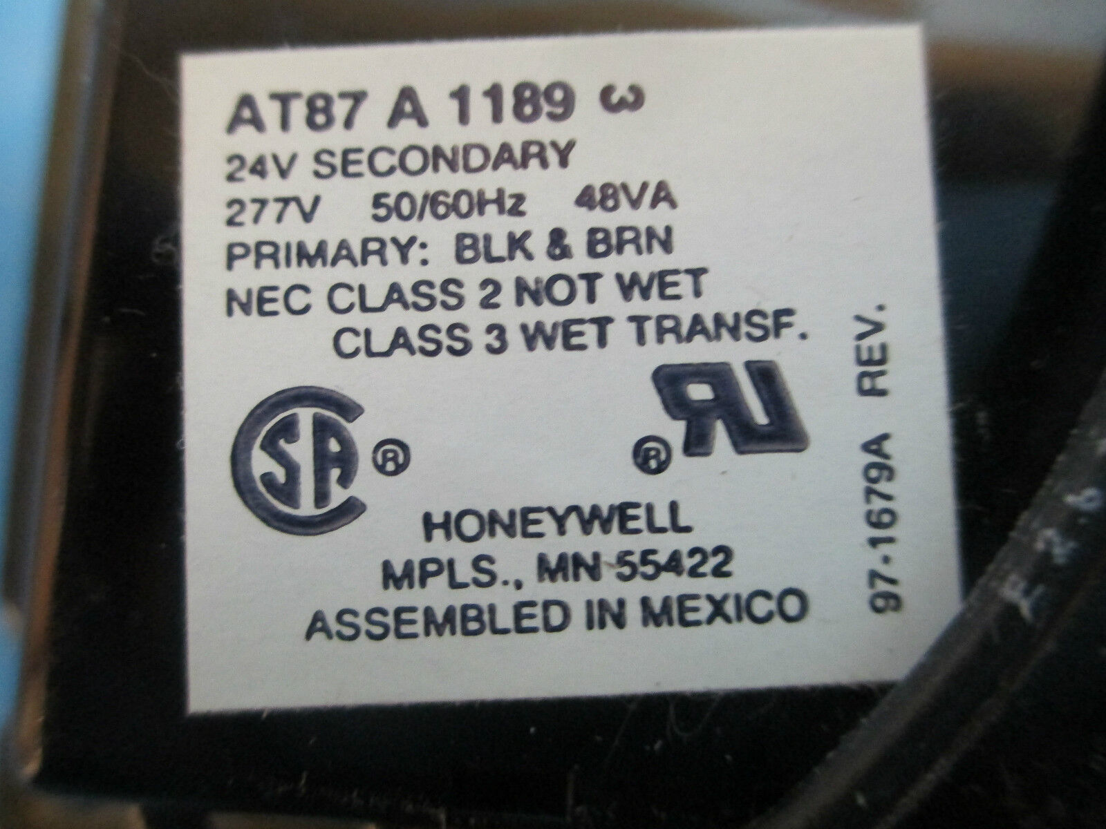 Honeywell Control Transformer AT87A 1189, .048 KVA 277V - 24V