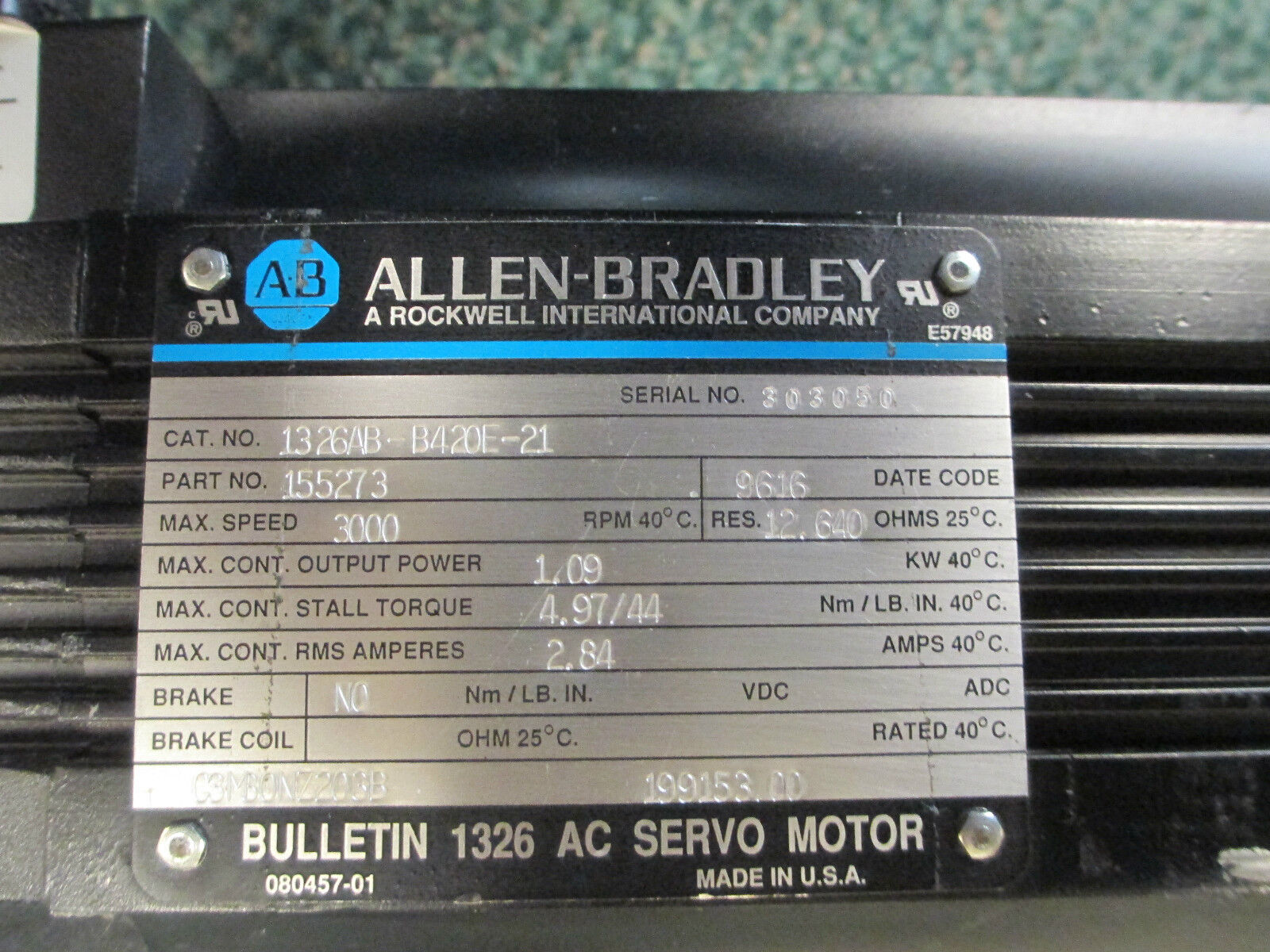 Allen-Bradley AC Servo Motor w/ Gear, 1326AB-B420E-21, 56DM3A, 1.09KW 3000RMP'S