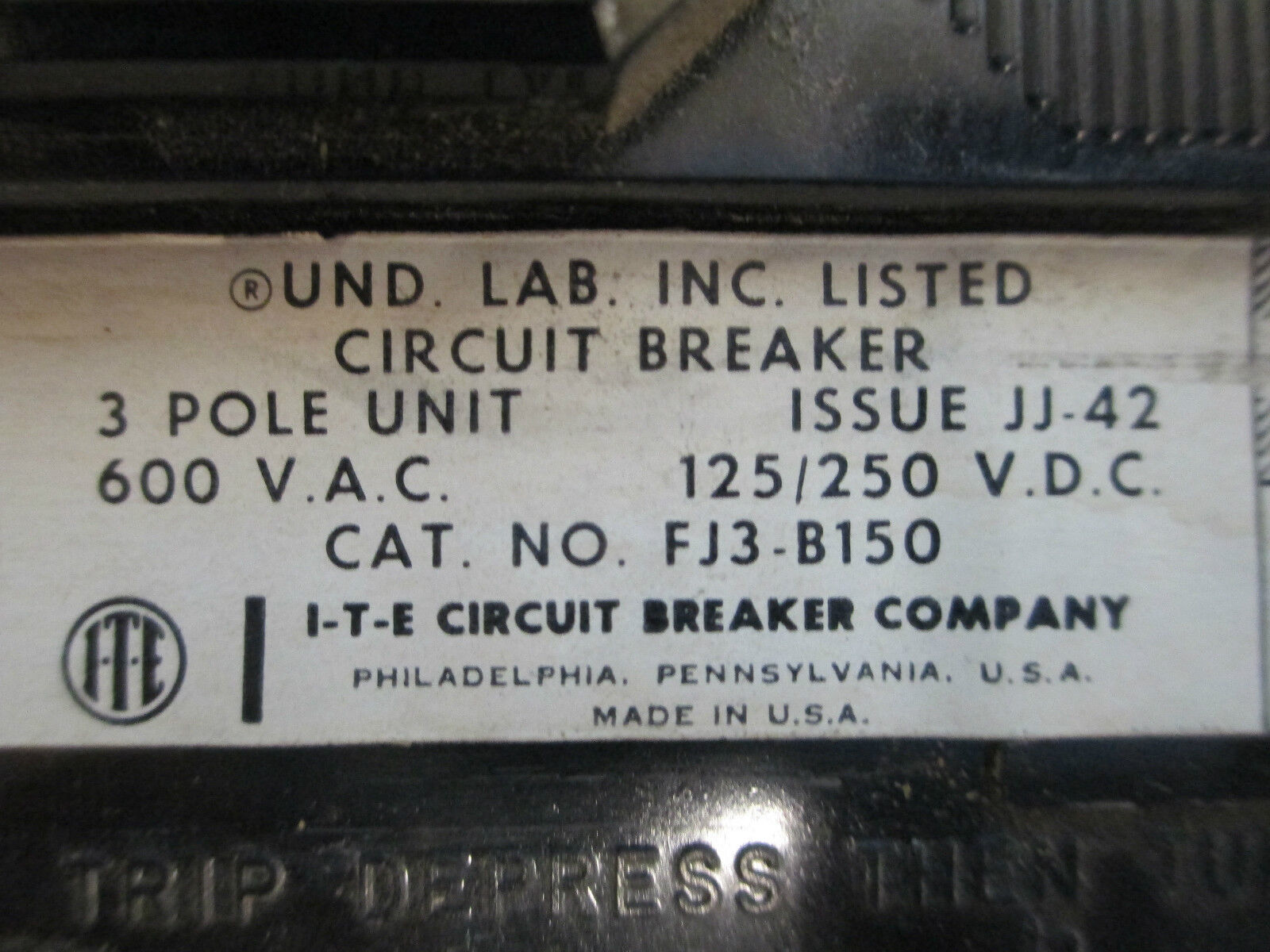 ITE Circuit Breaker FJ3-B150, 150A 600V 3 Pole