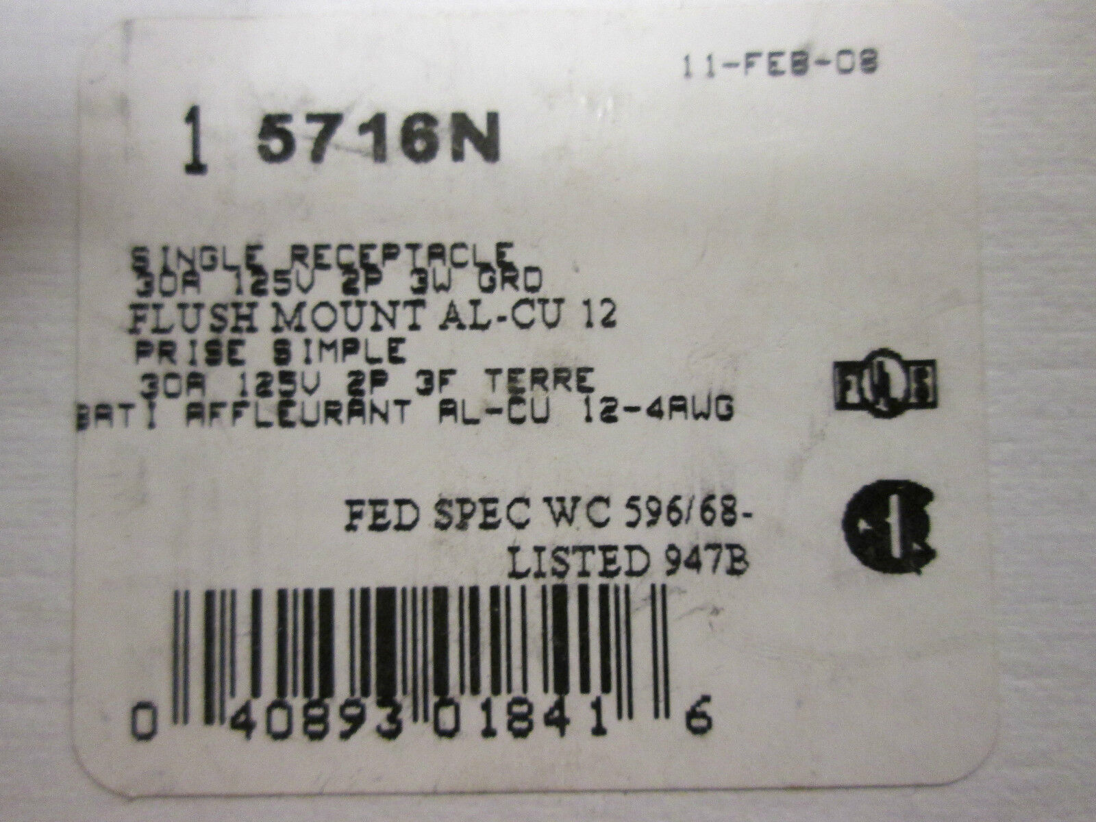 Arrow Hart AH5716N Single Receptacles 30A 125V *New In Box, Set Of 4*