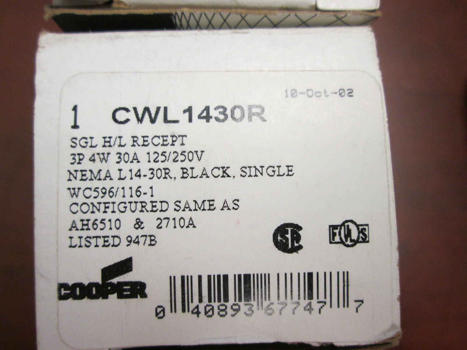 Cooper CWL1430R 30A 125/250V 4W *Lot of 2* New Surplus