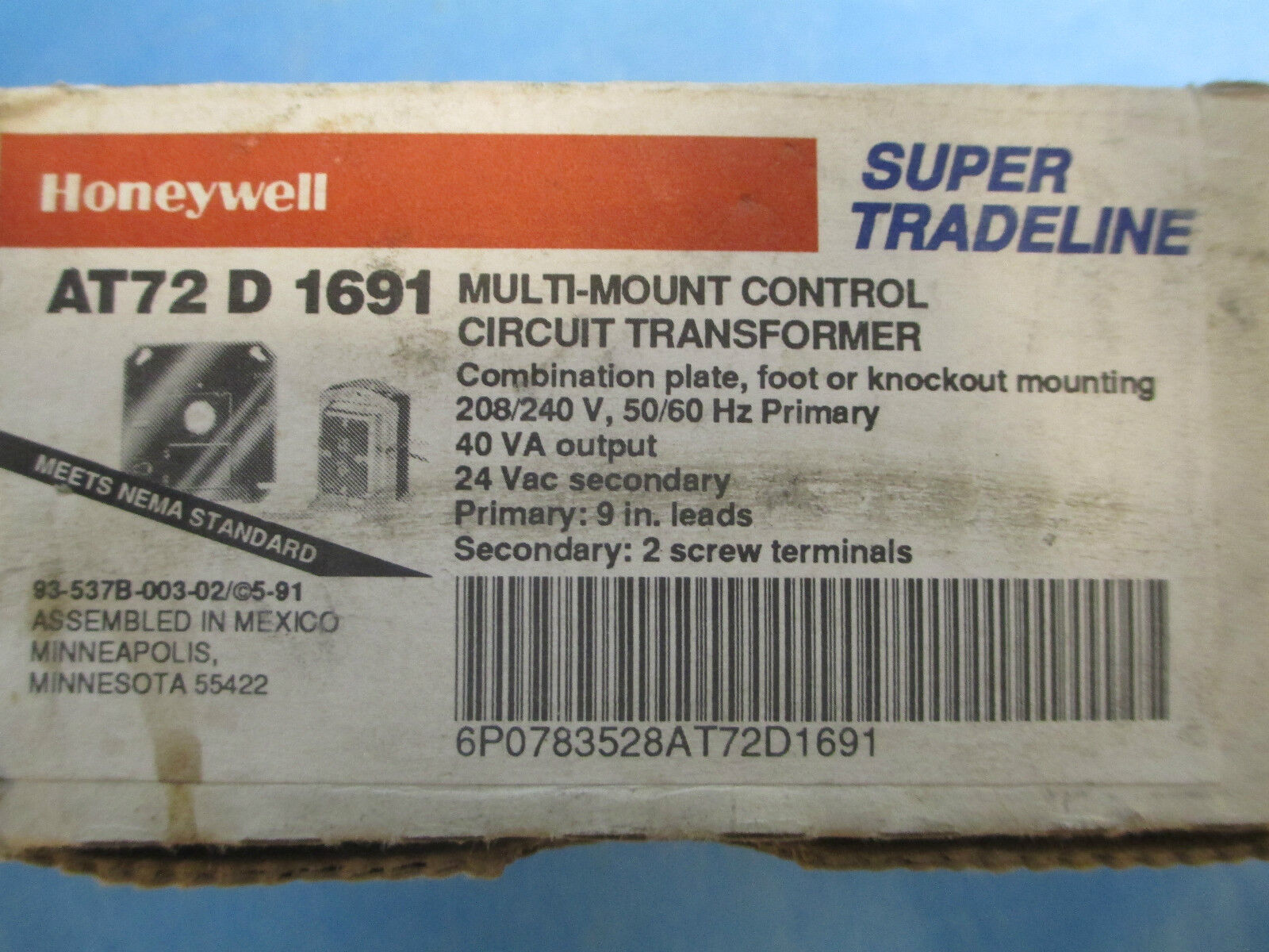 Honeywell Control Transformer AT72 D 1691, 40VA 208/240V - 24V New in Box!!!