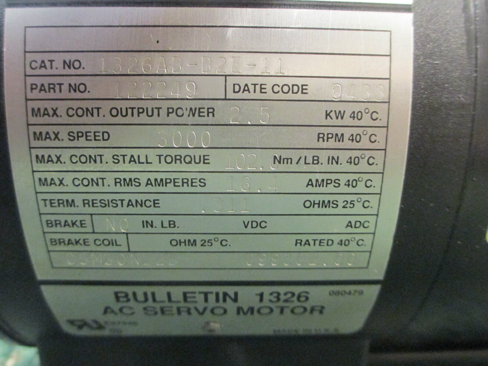 Allen-Bradley 1326  AC Servo Motor 1326AB-B2E-11, w/ Winsmith 926 Gear 926CDT