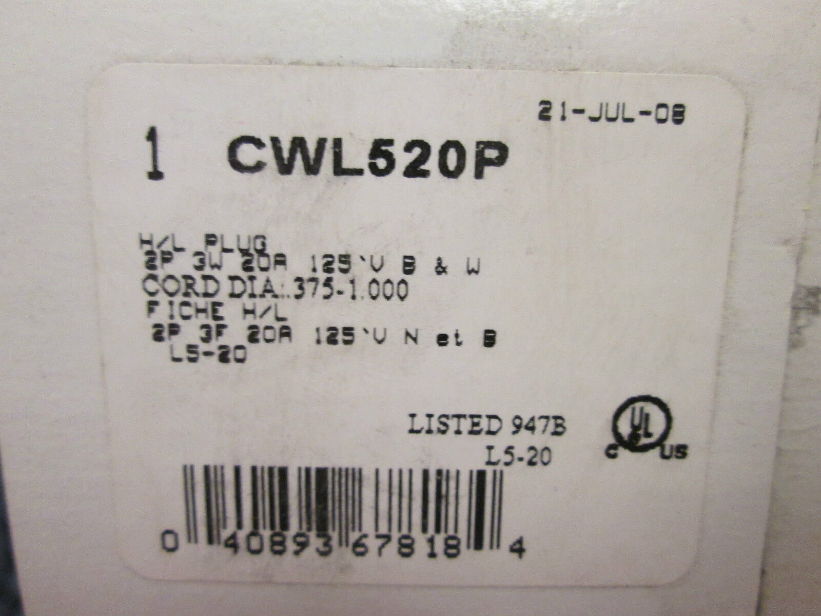 Cooper Plug CWL520P 20A 125V 3W *Lot of 6* New Surplus