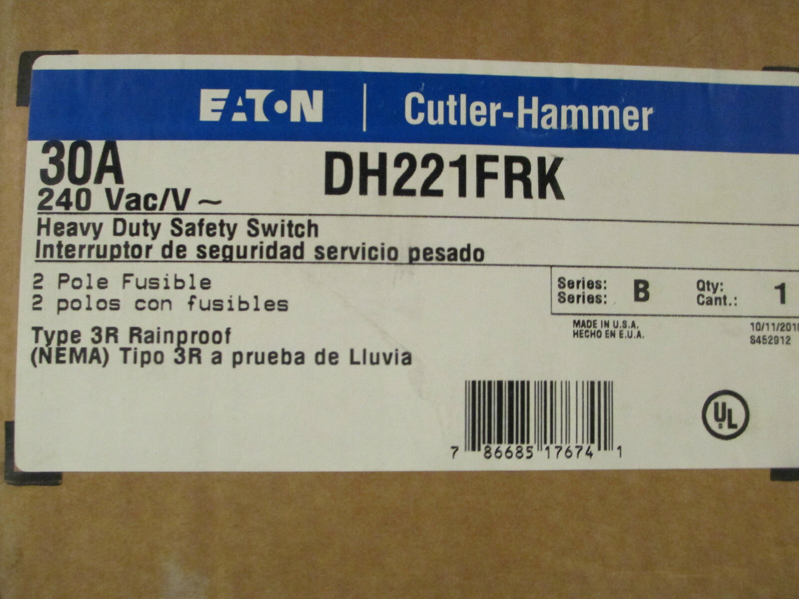 Cutler-Hammer Safety Switch DH221FRK 30A 240V 2P 3R Fusible New Surplus