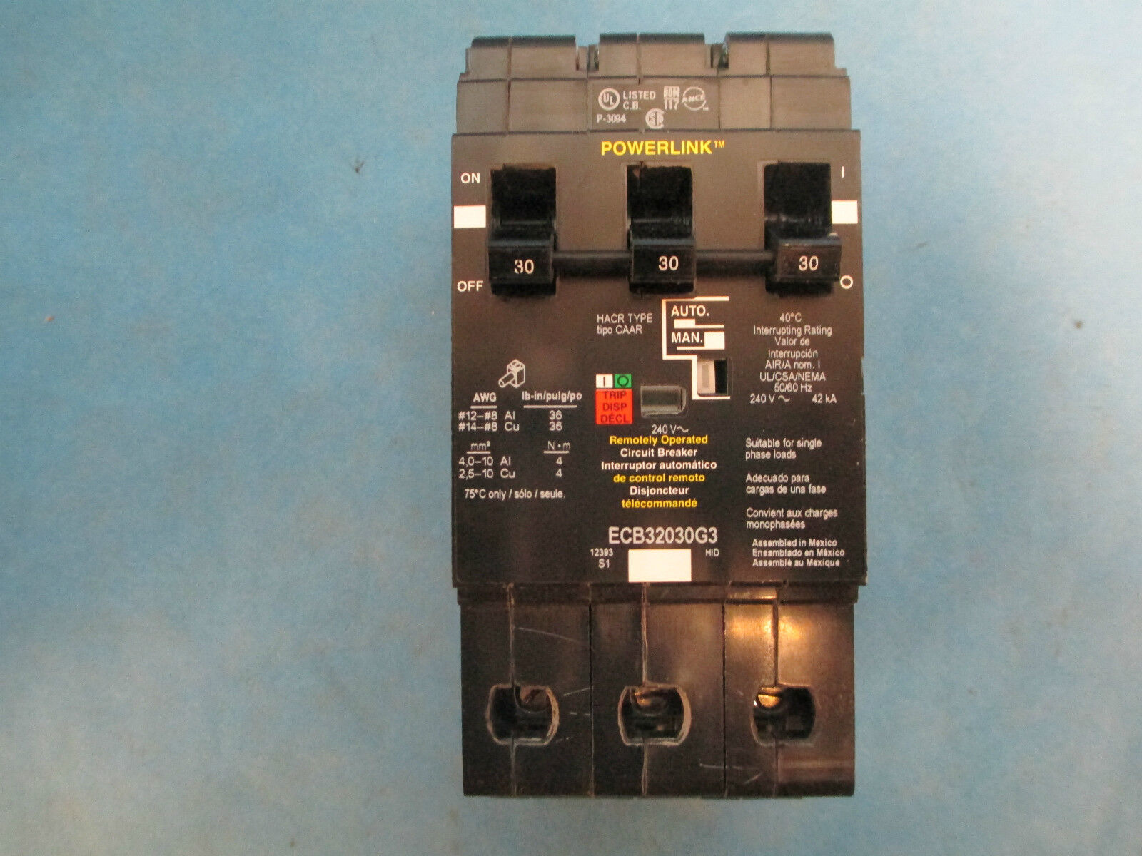 Square D Circuit Breaker ECB32030G3, 30A 240V 3P, New in Box!!!