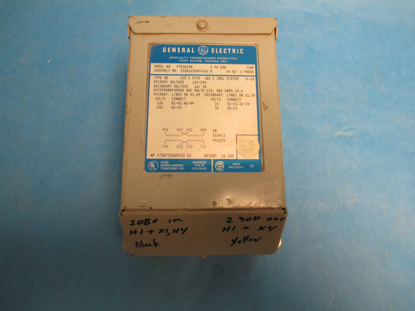 GE Transformer 9T51B128, .500KVA 120/240V - 16/32V