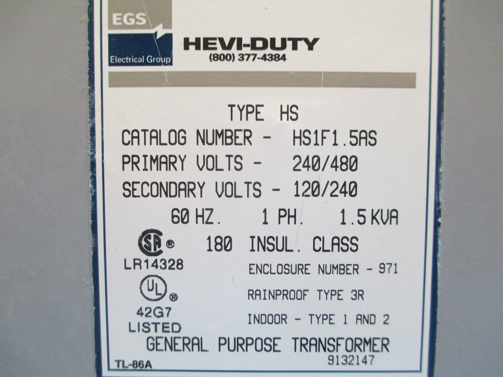 Hevi-Duty Transformer HS1F1.5AS Pri: 240/480 Sec: 120/240 1.5KVA 1PH Used