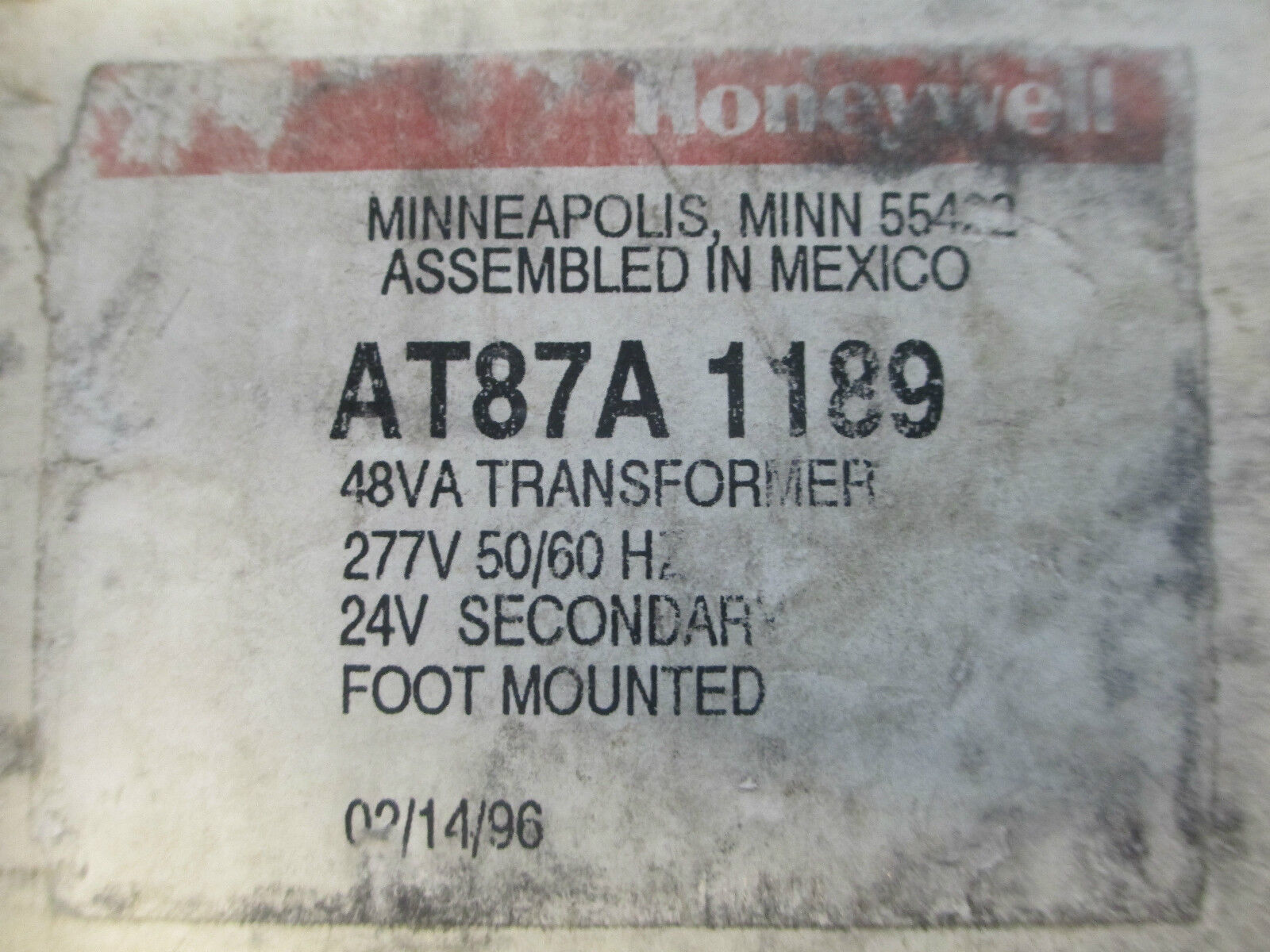 Honeywell Control Transformer AT87A 1189, .048 KVA 277V - 24V