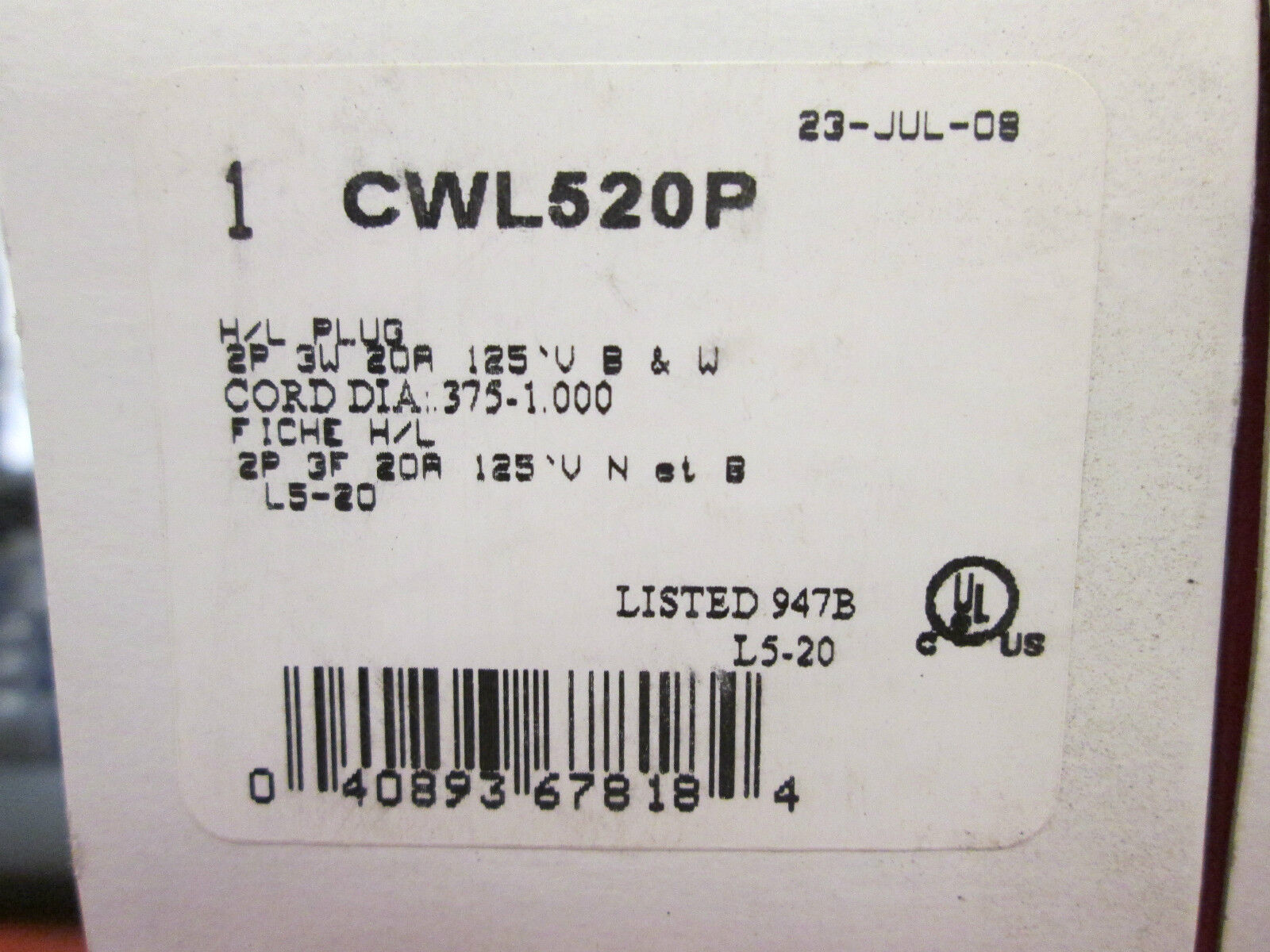 Cooper CWL520P 20A 125V 3W lot of 5 New Surplus