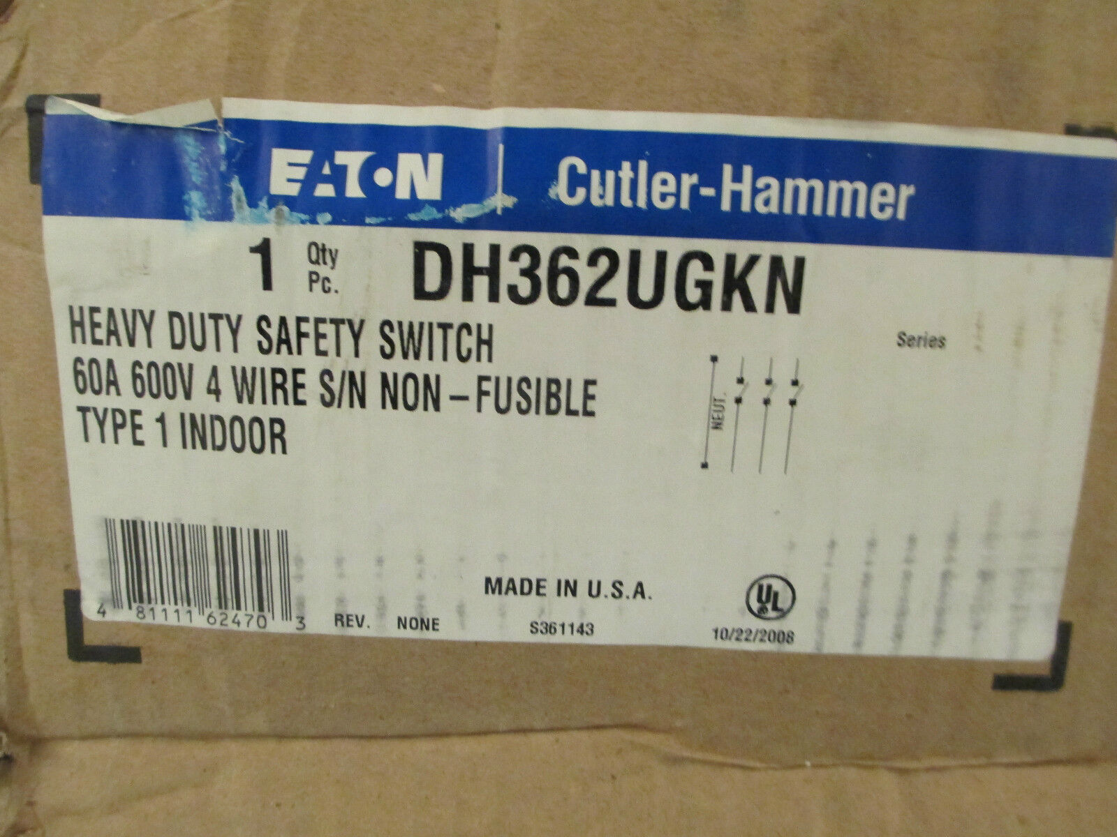 Cutler-Hammer Safety Switch DH362UGKN 60A 600V 4W Non-Fusible New Surplus