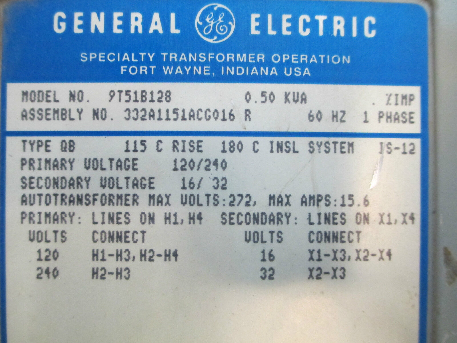 GE Transformer 9T51B128, .500KVA 120/240V - 16/32V