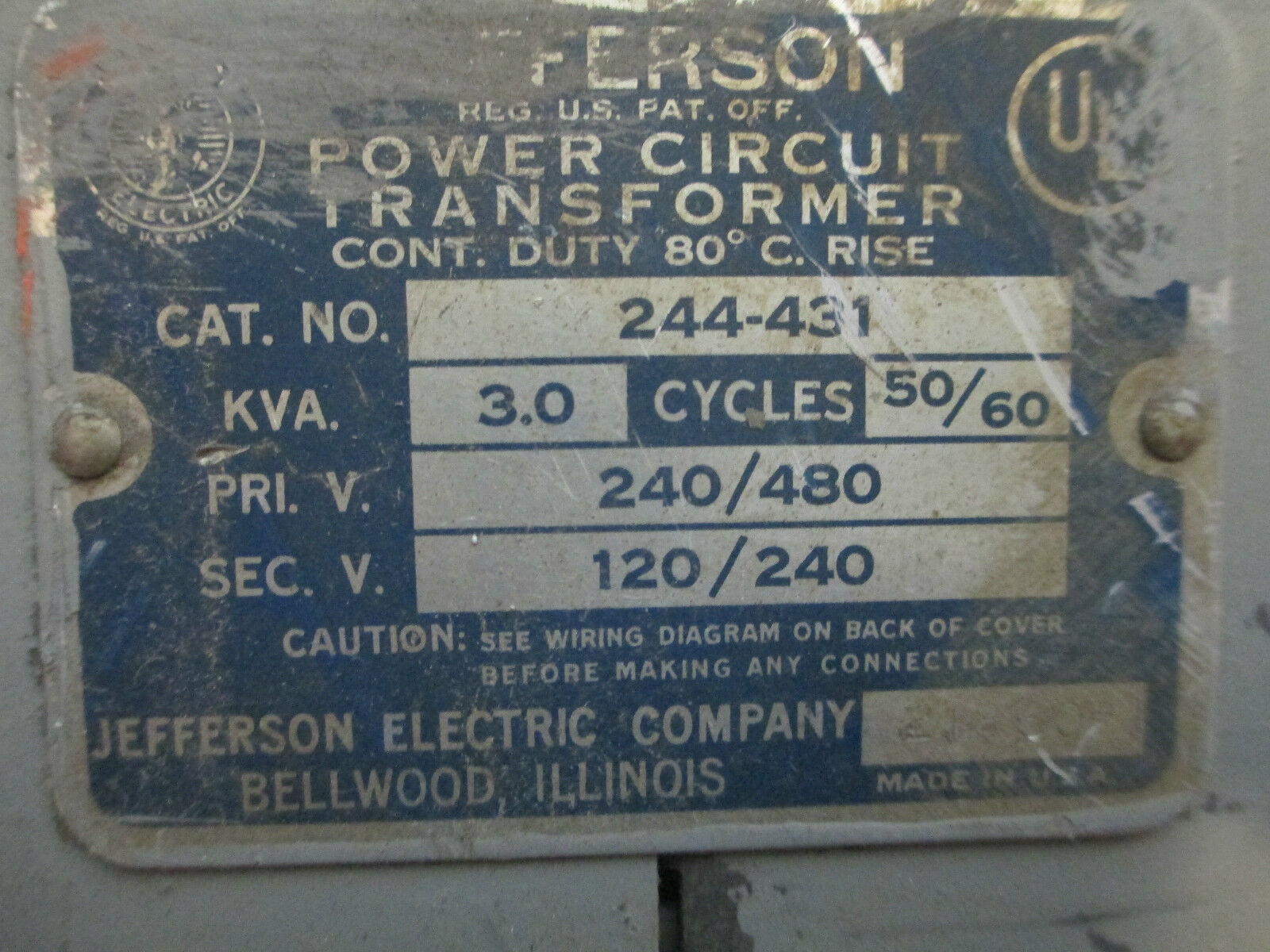 Jefferson Transformer 244-431, 3 KVA 240/480V - 120/240V