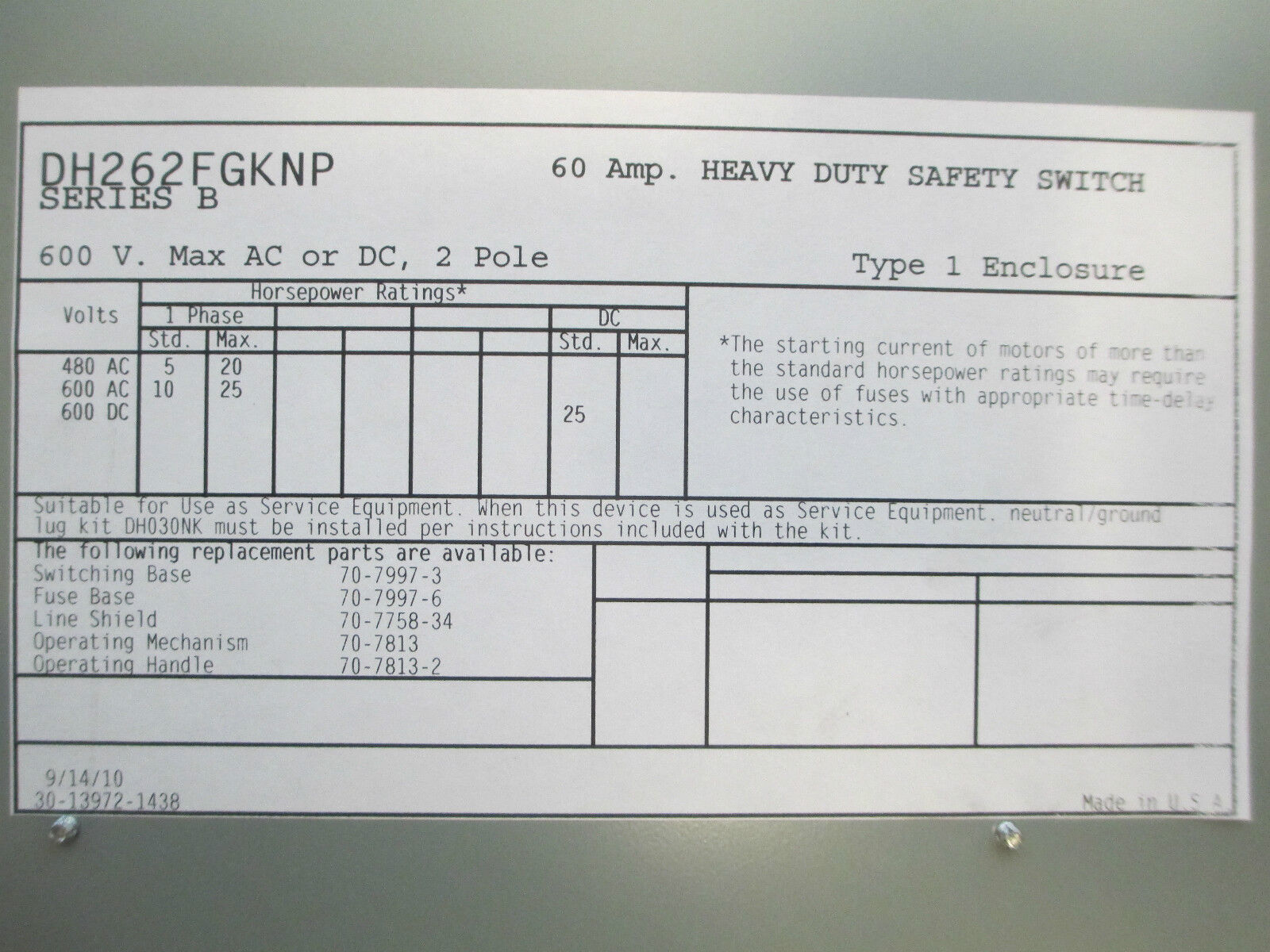 Cutler-Hammer Safety Switch DH262FGKNP 60A 600V 2P Fusible New Surplus